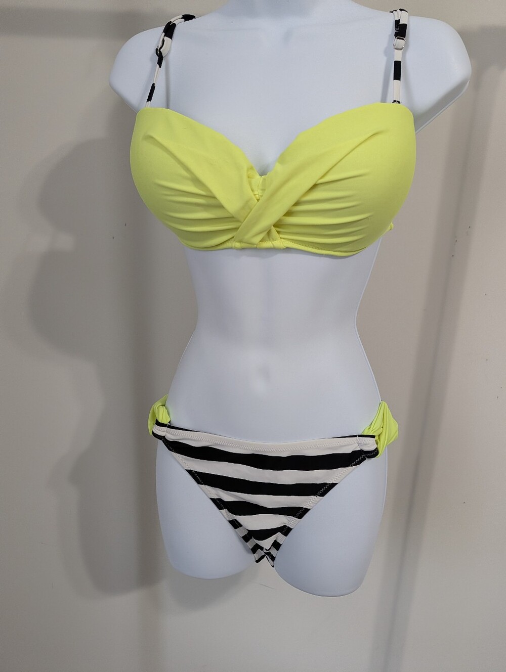 Neon Yellow Twist Front Bikini Set with Black & White Stripes - Women Swim